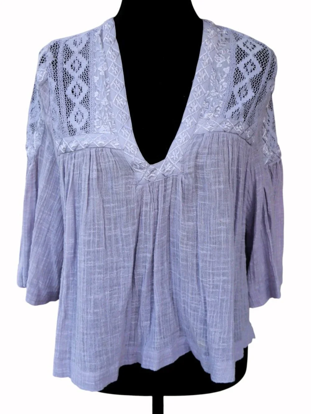 Free People Lavender Gauze Crochet Lace Boho Bell Sleeve Blouse Petite S/P